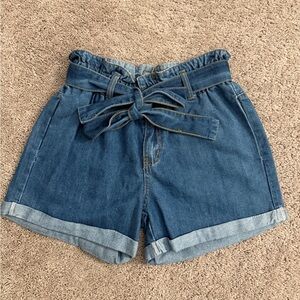 Paper Bag Shorts Women size Small Denim Blue High Waist Bow Sash Fold Hem